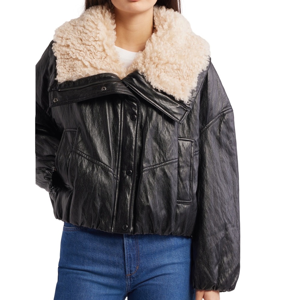 Mango MNG Black Faux Leather Aviator Jacket Sherpa Collar Cropped Women's S